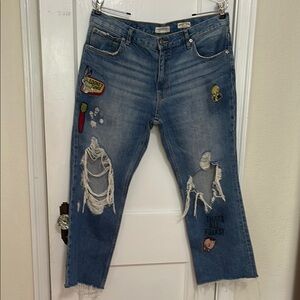 Looney Tunes Zara Collaboration Distressed Blue Straight Leg Jeans w/ patches 8